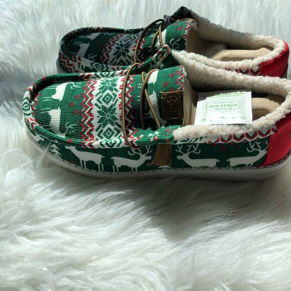 Hey Dude Wally Sweater Lined Moccasin Shoes Mens‎ 10 Holiday Reindeer Knit NWT
